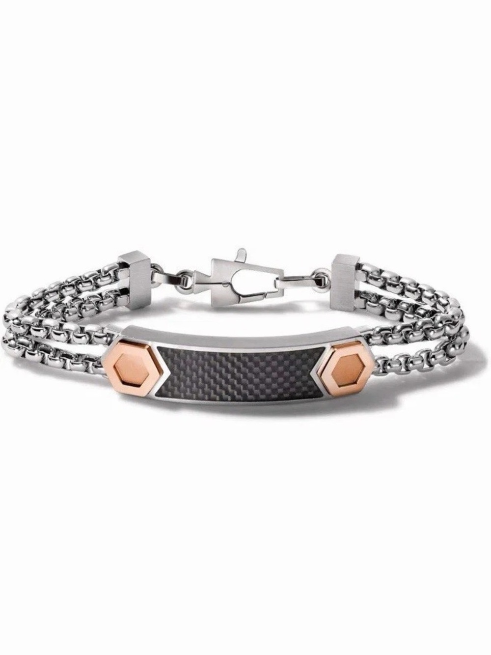 Bulova Silver Bracelet with Rose Gold Accents and Black Carbon Fiber Inlay